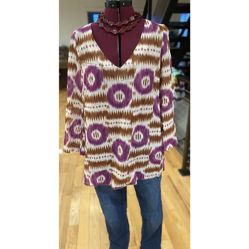 TRINA TURK Tunic Blouse Sz L Swim Kimono Sleeve Boho Beach Sheer Vaca Oversized